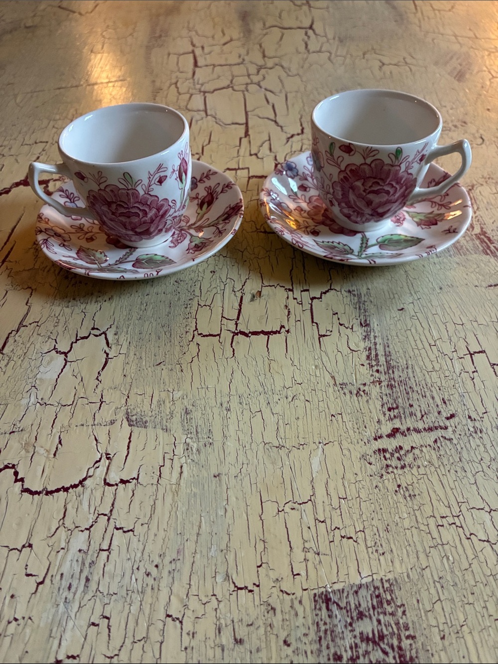 Johnson Brothers Pink Floral Porcelain Espresso Cups with Saucers